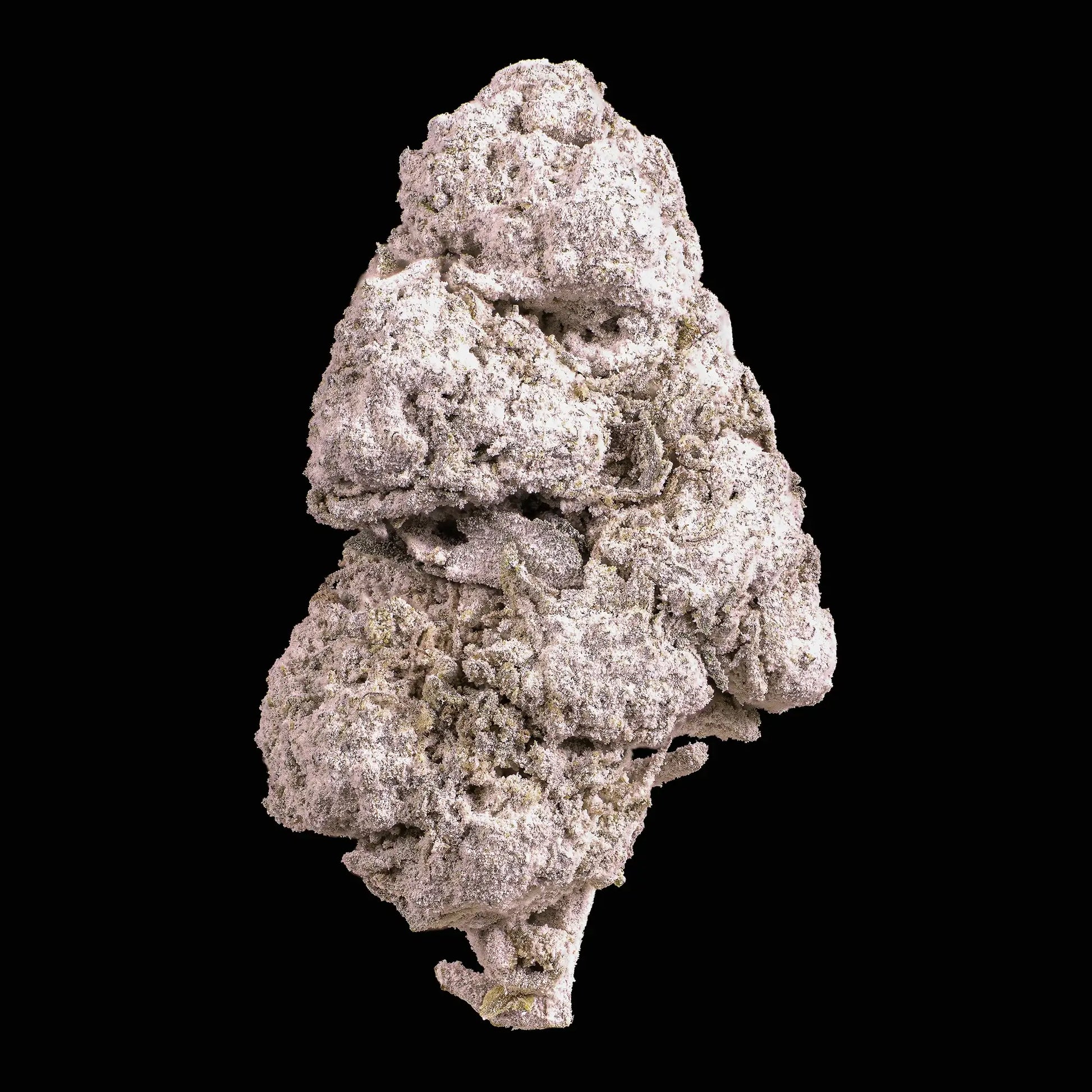 Clump of light grayish-brown cannabis on a black background thca