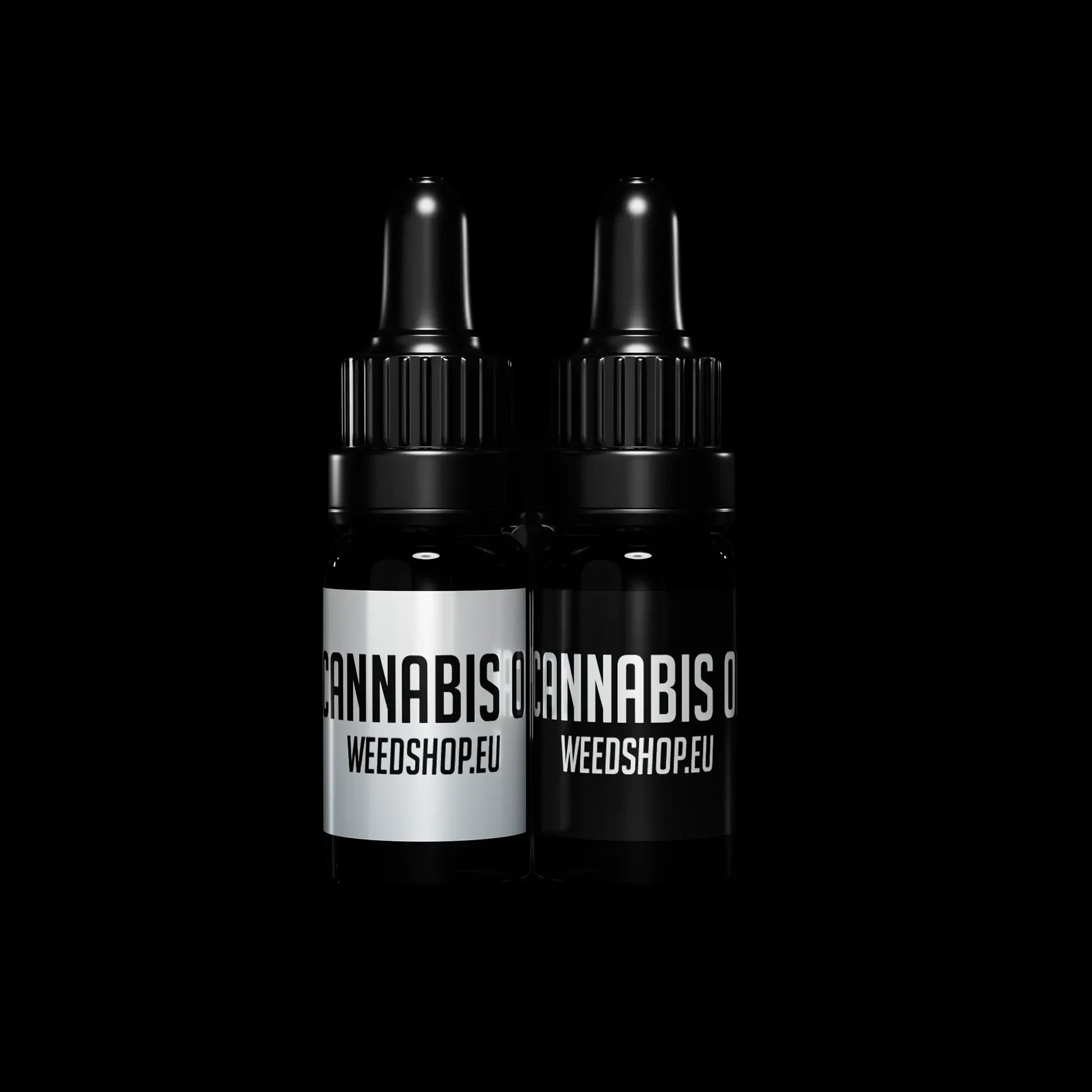 Two black bottles labeled 'Cannabis' with 'WEEDSHOP.EU' on a black background