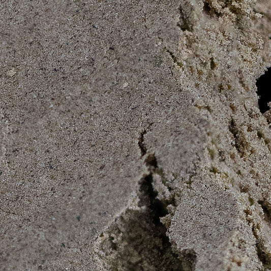 Close-up af La Mousse hash med tydelig tekstur, fine partikler og lys, naturlig farvetone.